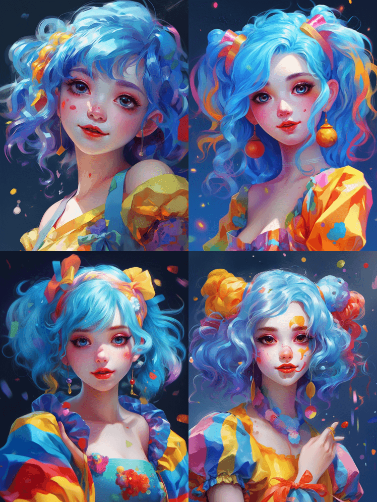 一个蓝色的，留着五颜六色头发的女孩，风格 - Midjourney Prompt