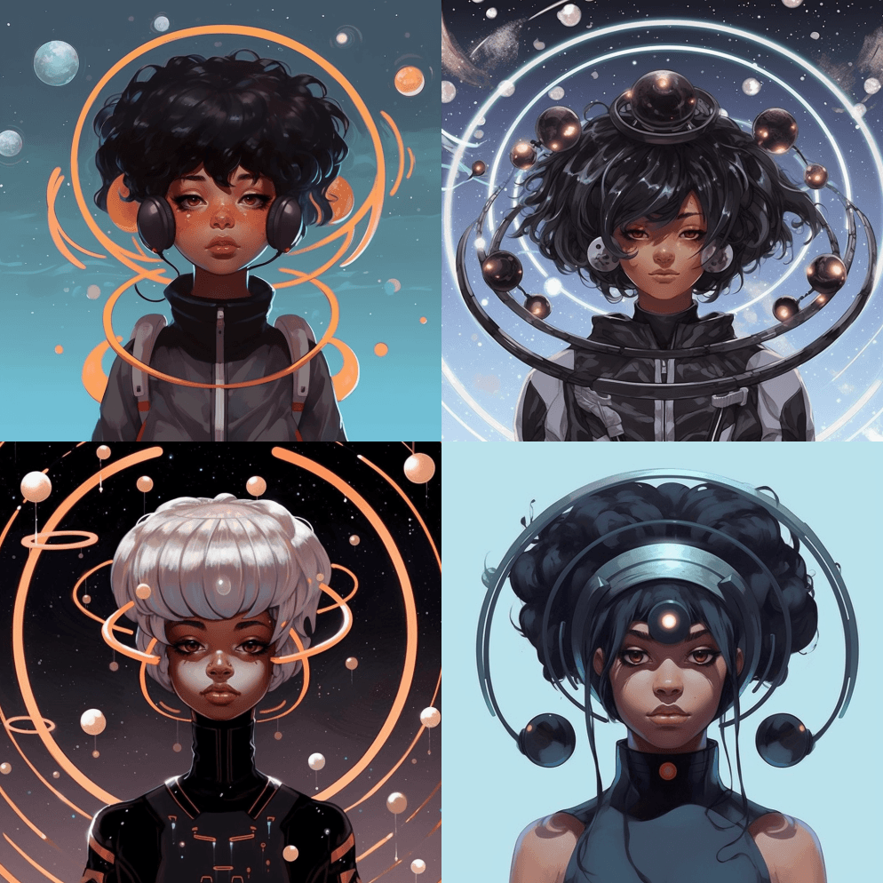 一个2d的黑色卡通女孩，头上戴着土星环， - Midjourney Prompt