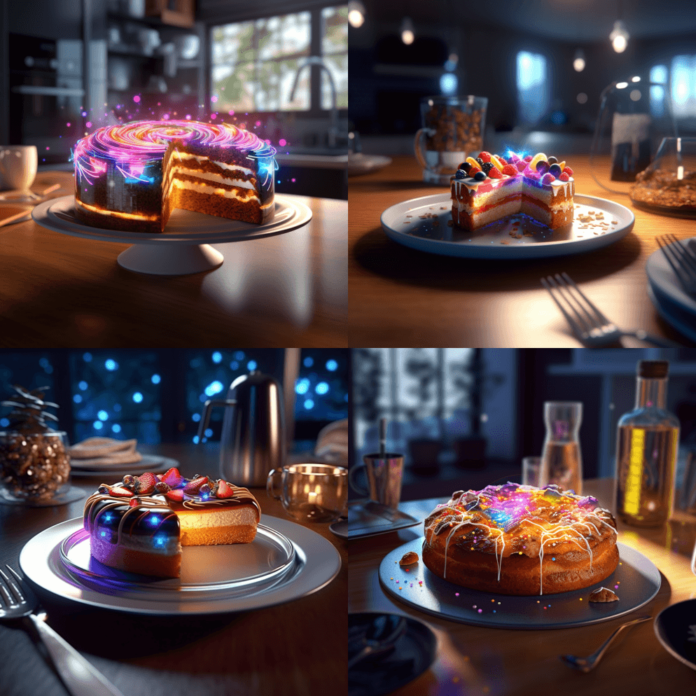 厨房餐桌上的美味银河蛋糕，舒适的光线，浪 - Midjourney Prompt