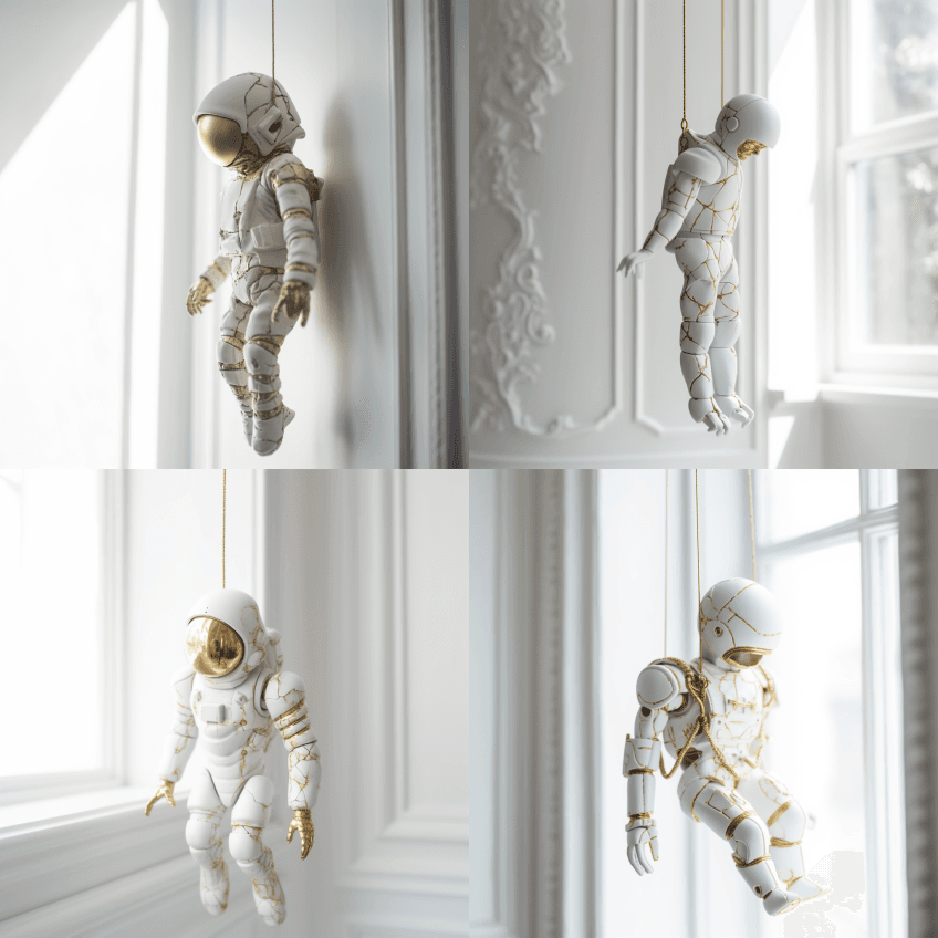 瓷器和锤金宇航员提线木偶显示破裂的内部工 - Midjourney Prompt