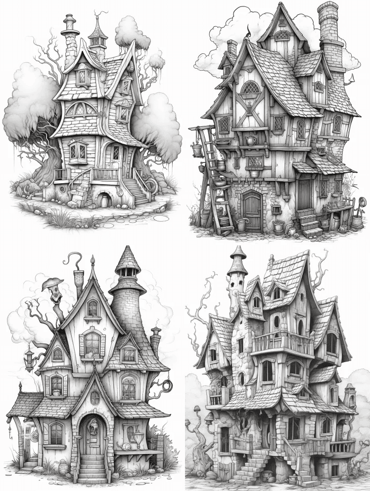 涂色页面，建筑平面图，女巫之家，干净的线 - Midjourney Prompt