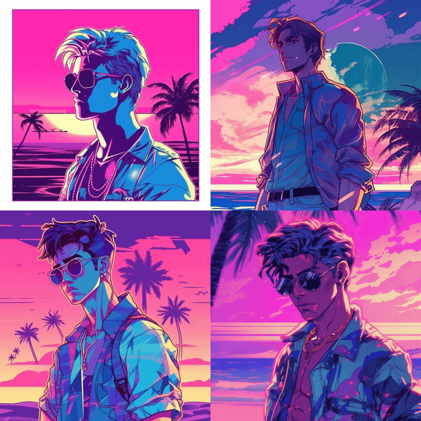 汽波图像青年成年男性人物设计艺术漫画印花 - Midjourney Prompt