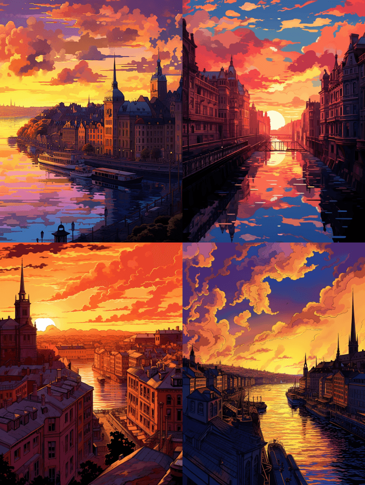 夏季的斯德哥尔摩古城黎明，基利安·恩格所 - Midjourney Prompt