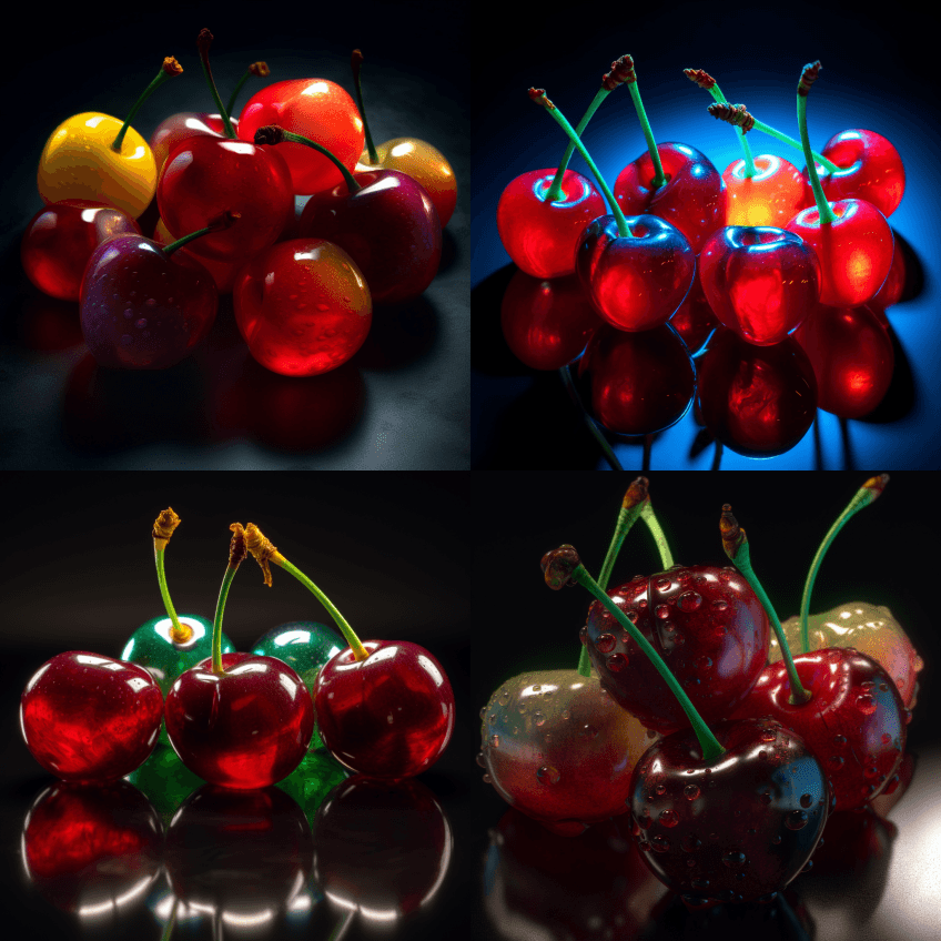 发光多汁樱桃，亚表面散射，色差，超逼真， - Midjourney Prompt
