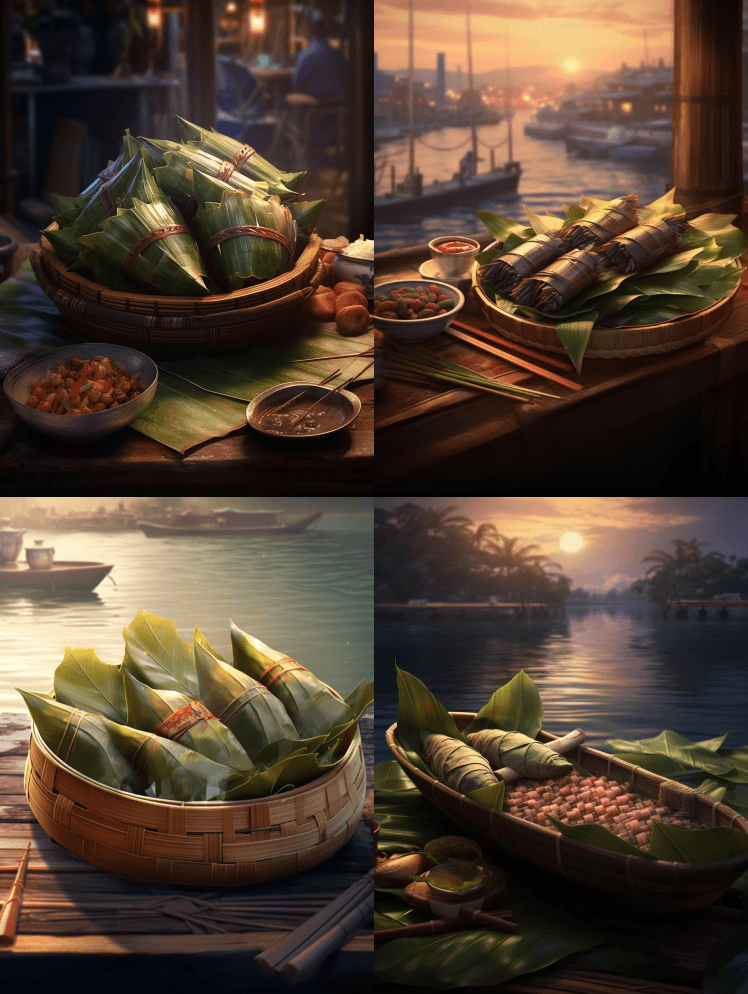 逼真的龙舟粽子背景，详细的插图，迷人的色 - Midjourney Prompt
