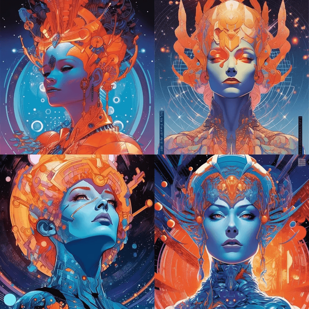 一张银河系外星人女皇的海报，头上有橙色和 - Midjourney Prompt