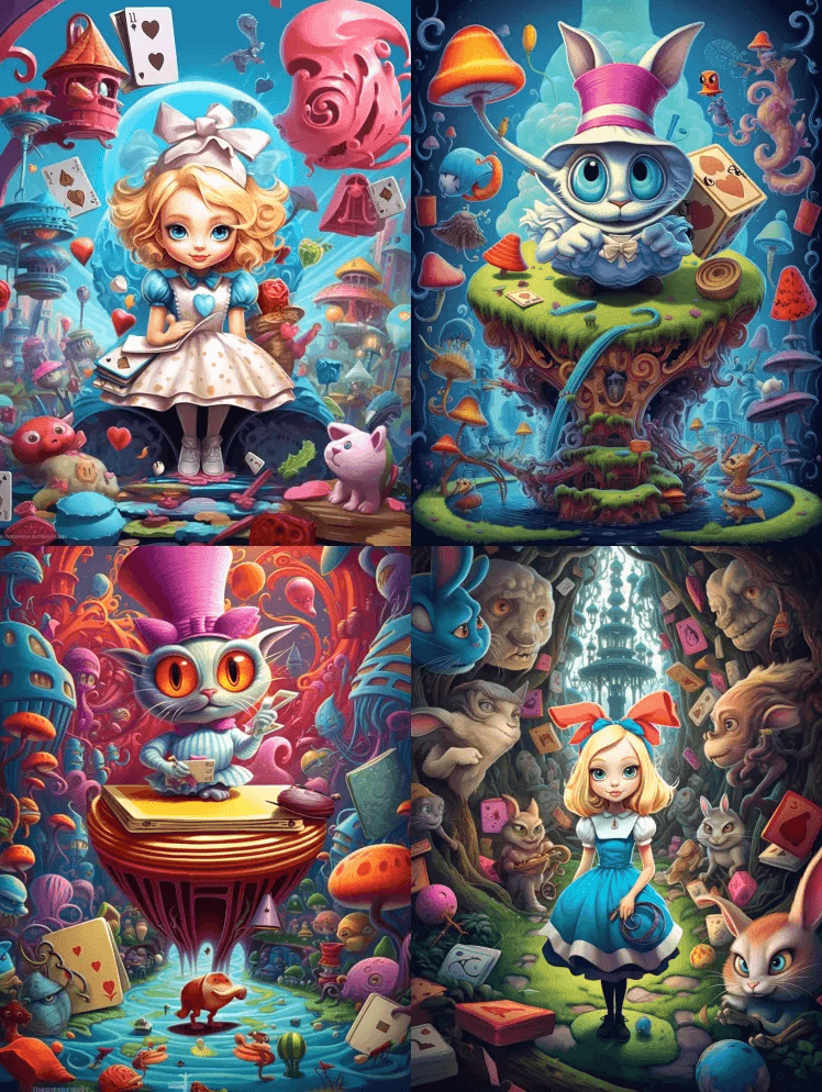 一幅以柴郡为主题的卡通画《爱丽丝梦游仙境 - Midjourney Prompt