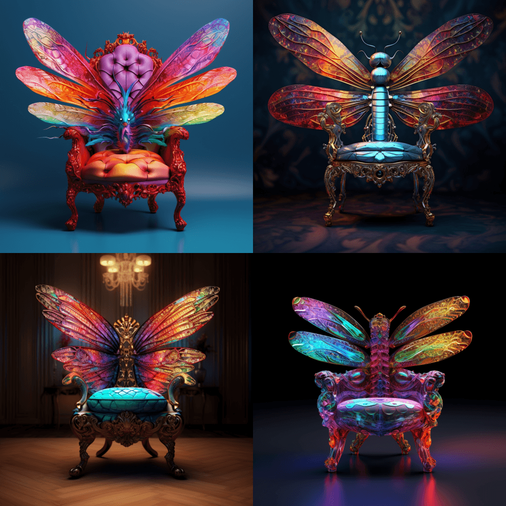 一个美丽的多色蜻蜓椅，闪亮的颜色和柔和的 - Midjourney Prompt