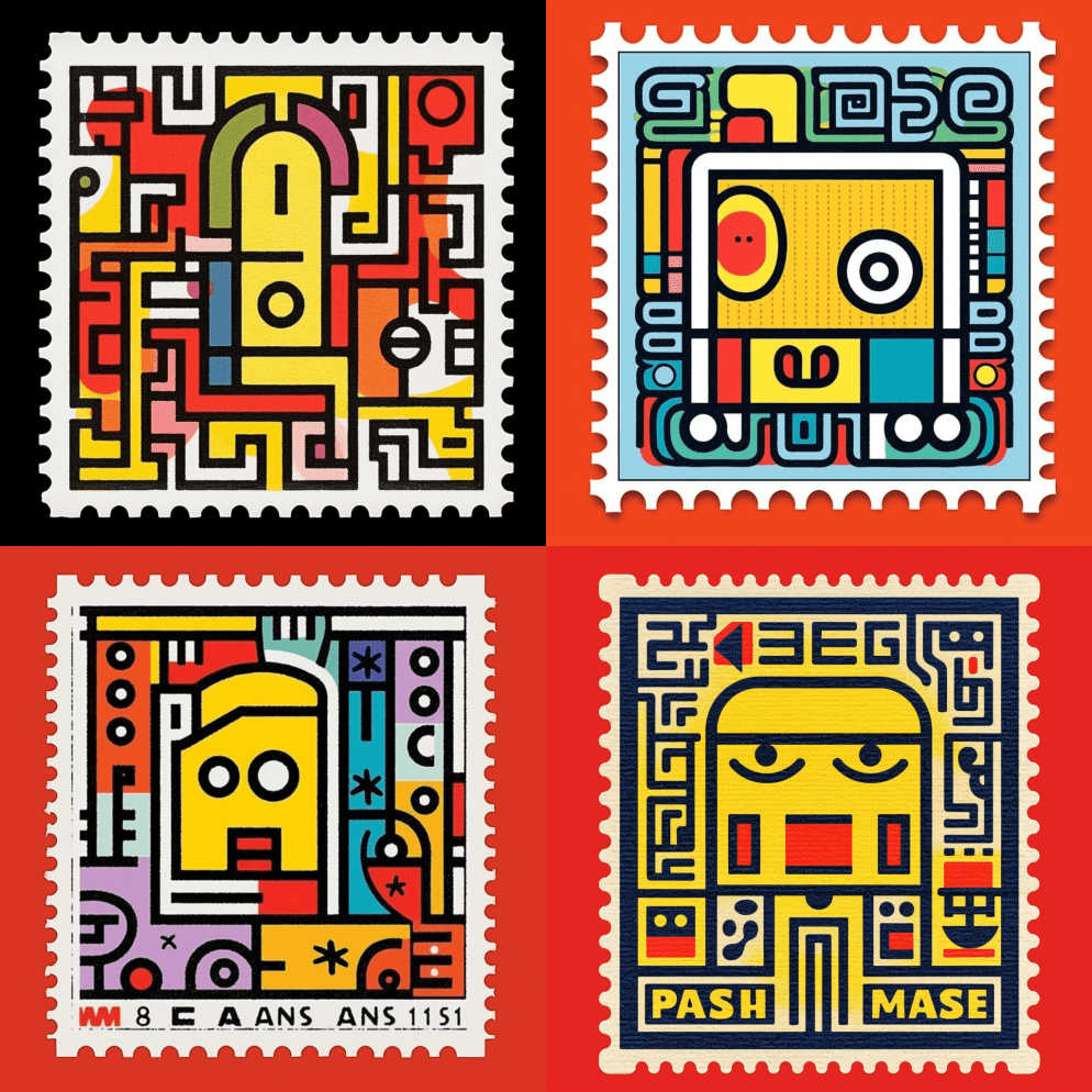 具有复杂边框设计的邮票，包豪斯日本极简主 - Midjourney Prompt