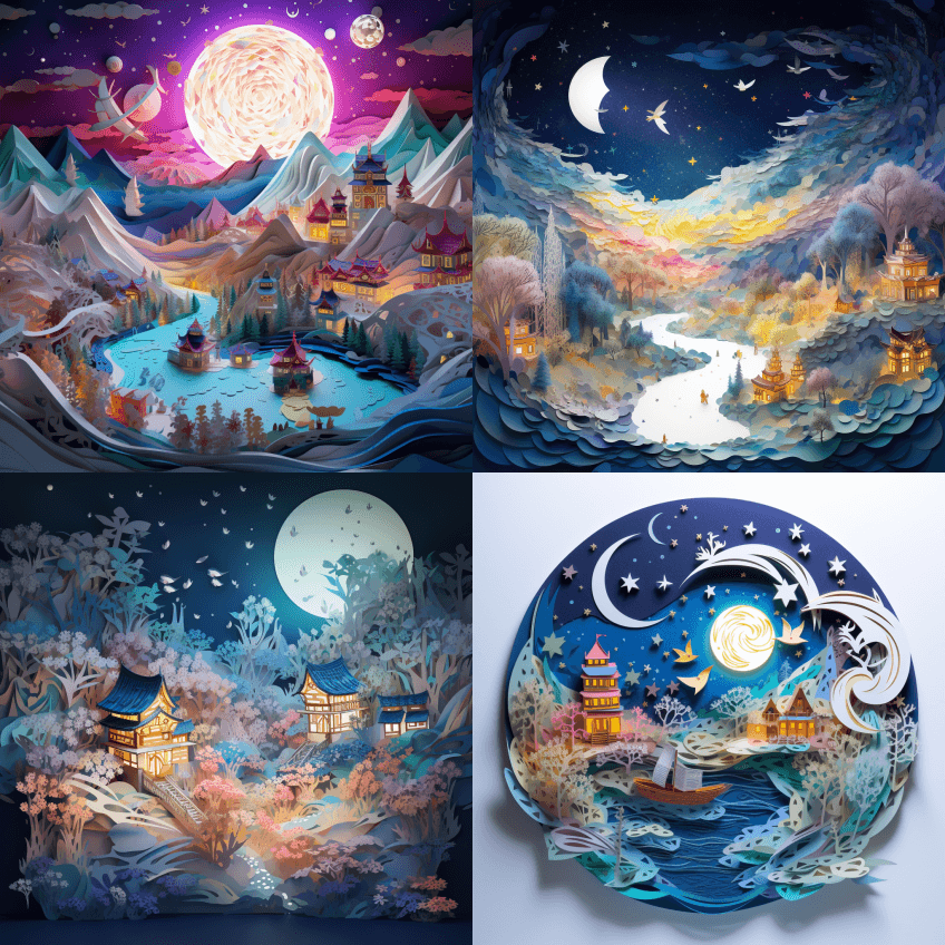 多维纸制Kirigami工艺，纸质插图， - Midjourney Prompt