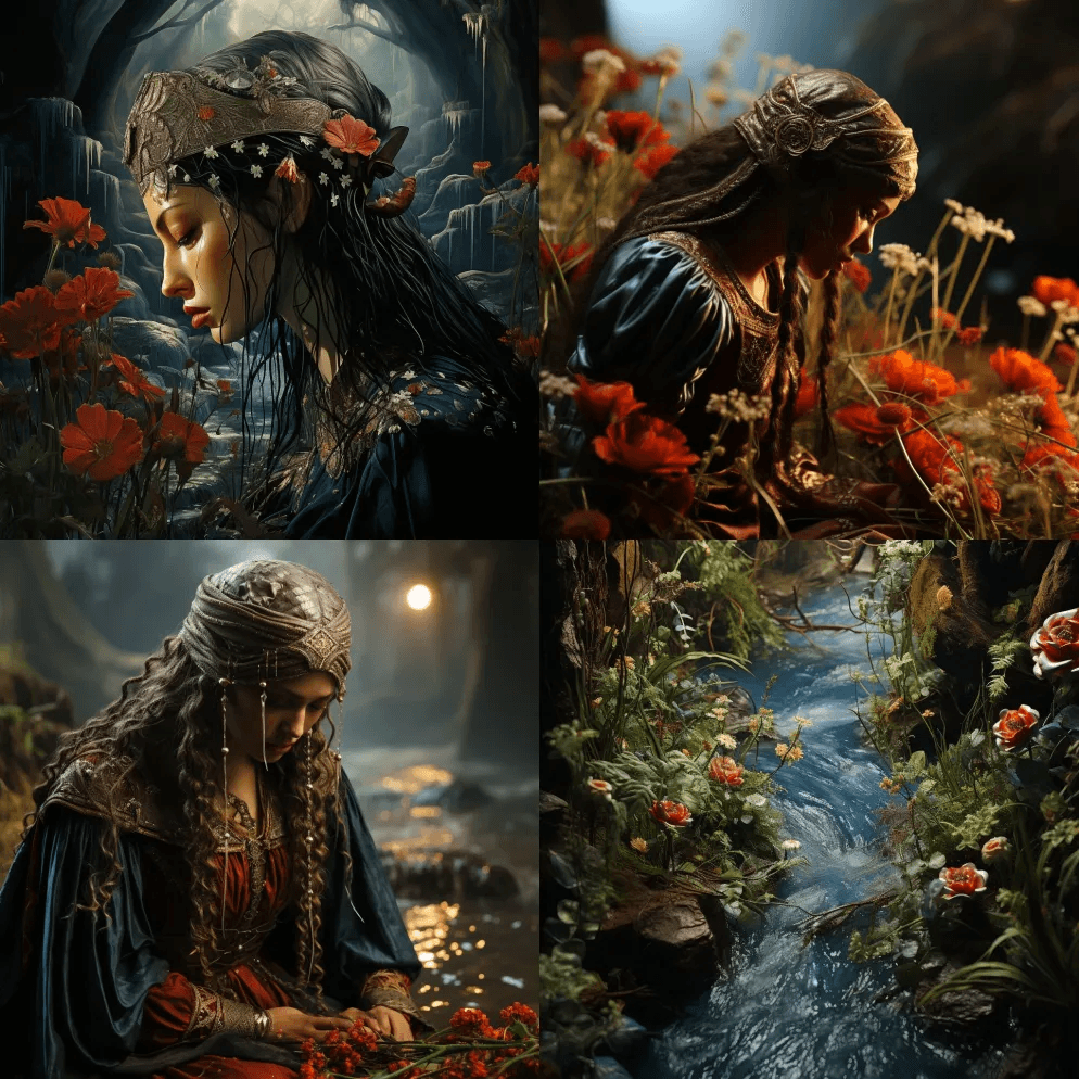 泪水从她的眼睛流出，形成了下面的小溪，浇 - Midjourney Prompt