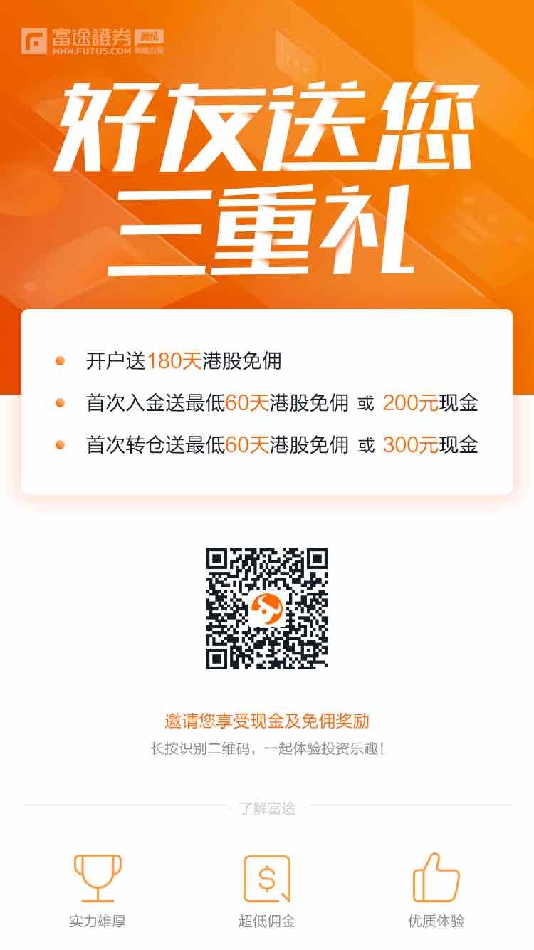 经亦仁老板提醒，发个富途证券的港股/美股免佣开户链接给大家，邀请码是706255。
180天免佣期足
