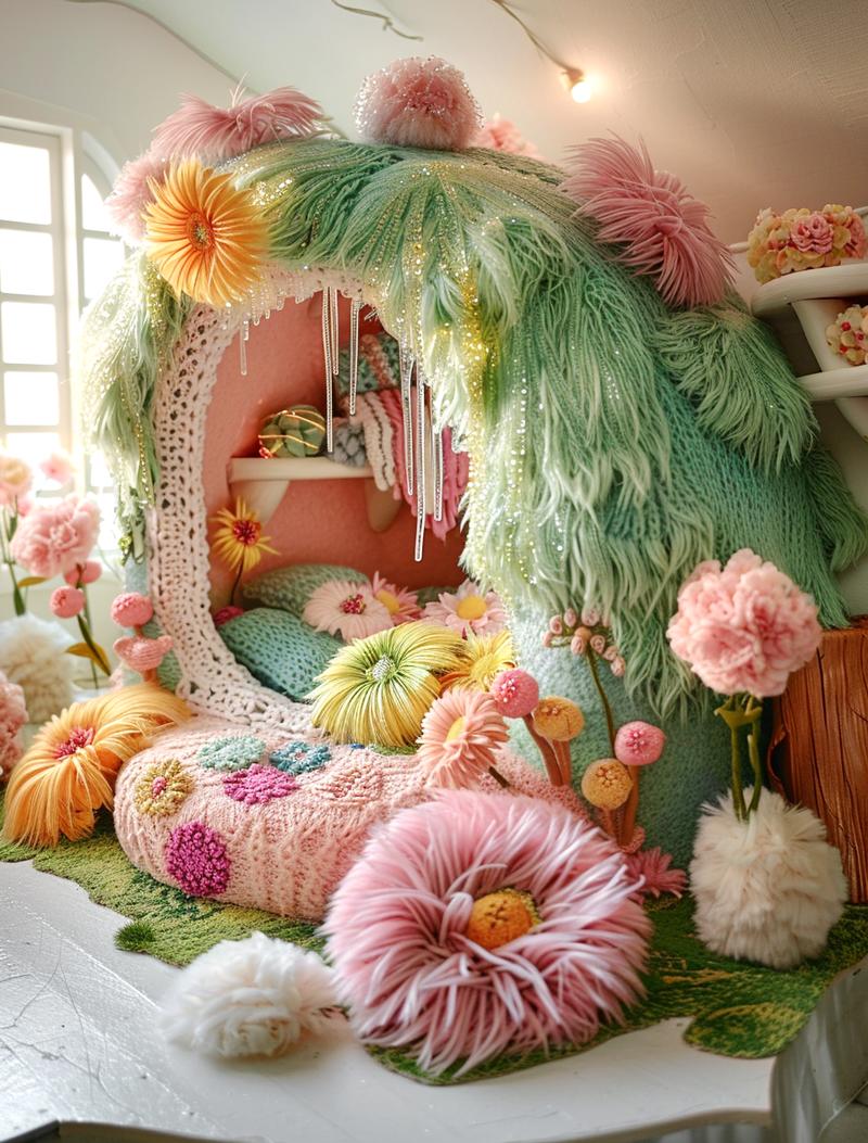 梦中的春天：绿色毛绒与童话装饰
屋顶绿意盎然生，
春天气息轻轻蔓延。
床饰画卷展青春，
温馨童话，