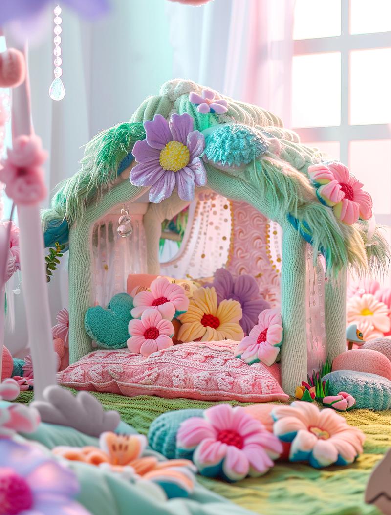 梦中的春天：绿色毛绒与童话装饰
屋顶绿意盎然生，
春天气息轻轻蔓延。
床饰画卷展青春，
温馨童话，