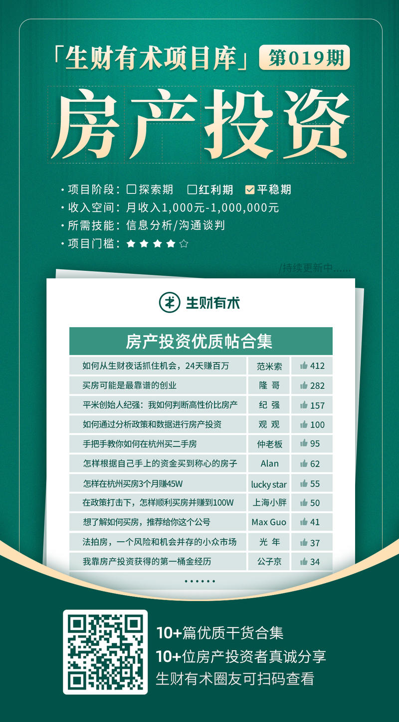 大家好，生财有术#项目库更新了。今天我们上线了 3 个项目，分别是 ：
【019期】房产投资