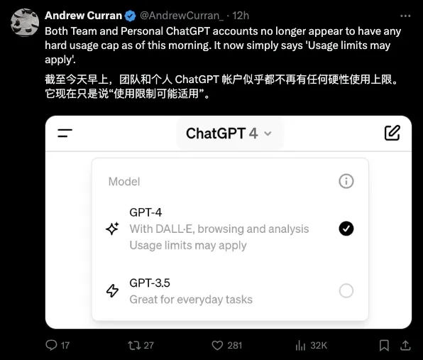 突发：OpenAI疑似放开限制，GPT-4 不限次了！
今天凌晨，有网友发现在 ChatGPT 中选
