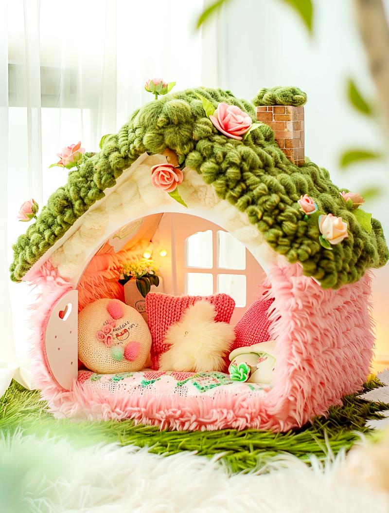 梦中的春天：绿色毛绒与童话装饰
屋顶绿意盎然生，
春天气息轻轻蔓延。
床饰画卷展青春，
温馨童话，