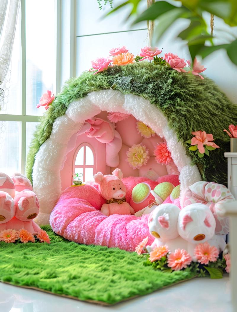 梦中的春天：绿色毛绒与童话装饰
屋顶绿意盎然生，
春天气息轻轻蔓延。
床饰画卷展青春，
温馨童话，