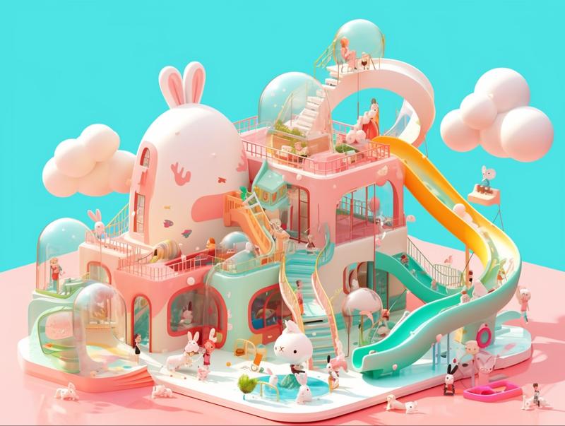 孩子们喜欢的梦幻城堡，马卡龙色，晶莹剔透，萌萌的儿童游乐园。Midjourney，咒语分享Whims