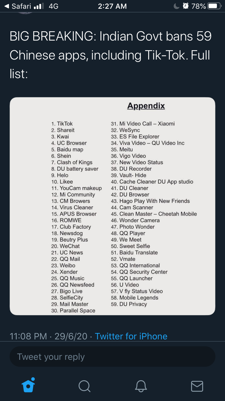 印度🇮🇳政府正式出台🈲️了59个中国的app