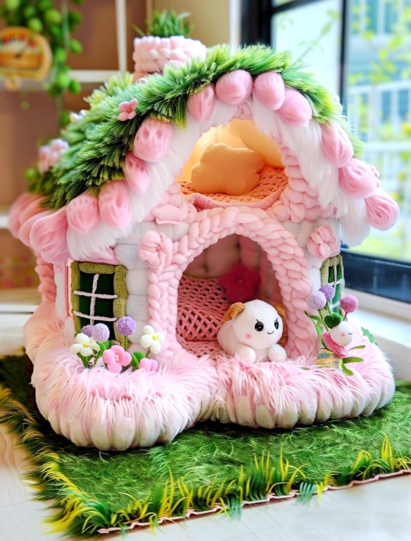 梦中的春天：绿色毛绒与童话装饰
屋顶绿意盎然生，
春天气息轻轻蔓延。
床饰画卷展青春，
温馨童话，