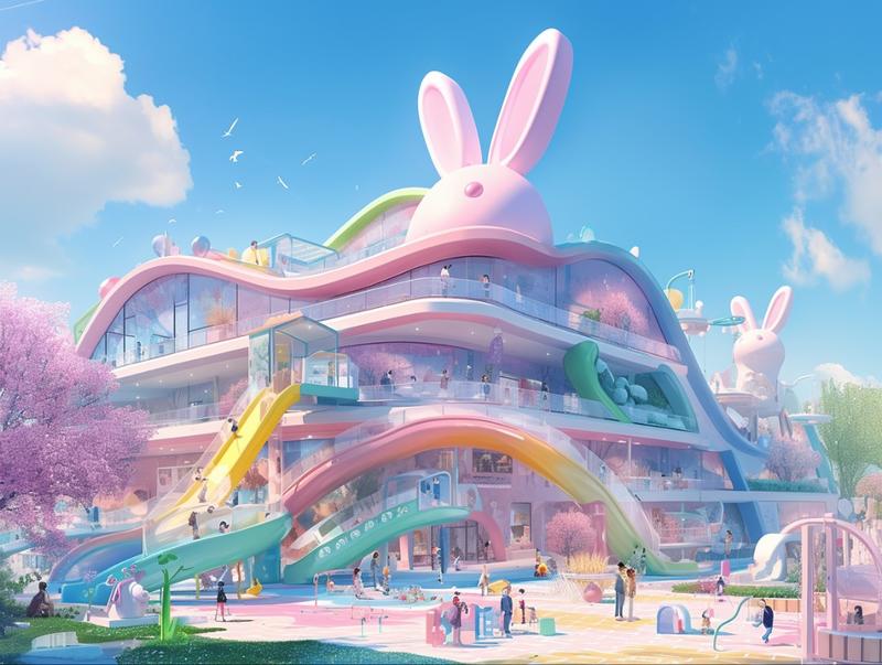 孩子们喜欢的梦幻城堡，马卡龙色，晶莹剔透，萌萌的儿童游乐园。Midjourney，咒语分享Whims