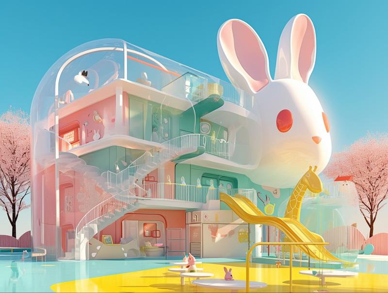 孩子们喜欢的梦幻城堡，马卡龙色，晶莹剔透，萌萌的儿童游乐园。Midjourney，咒语分享Whims