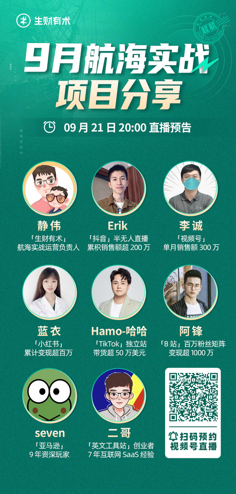 真的是。。。生财这算尽心了吧？
这个月的航海实战，还邀请了这么多教练高手，提前来和大家聊一下各个选