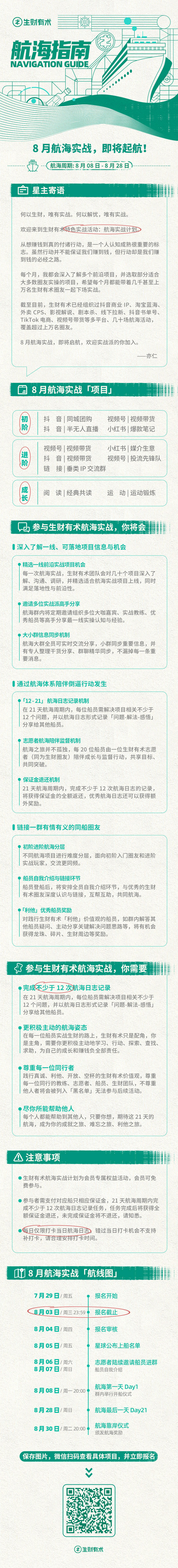 来了， 8 月航海实战计划正式开放报名。
保存图片到微信扫码可查看具体项目，选择适合自己的项目报名
