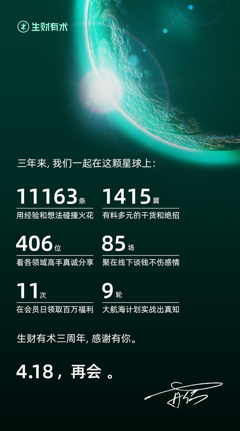 给各位会员发了一封生财有术的成绩单，汇报下这三年的工作，感谢各位会员的支持，大家注意查收。
还没收