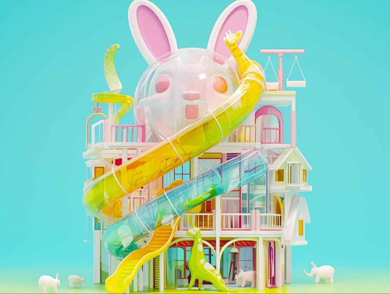 孩子们喜欢的梦幻城堡，马卡龙色，晶莹剔透，萌萌的儿童游乐园。Midjourney，咒语分享Whims