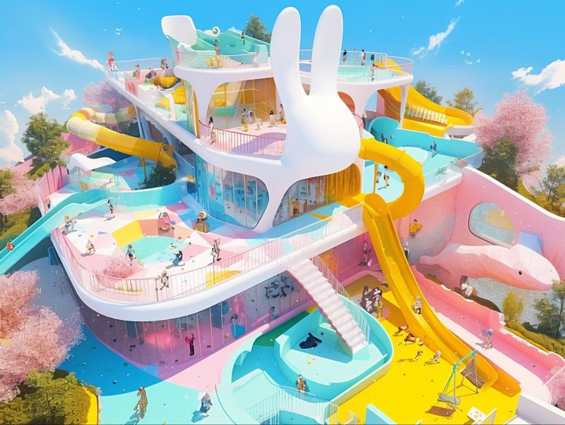 孩子们喜欢的梦幻城堡，马卡龙色，晶莹剔透，萌萌的儿童游乐园。Midjourney，咒语分享Whims