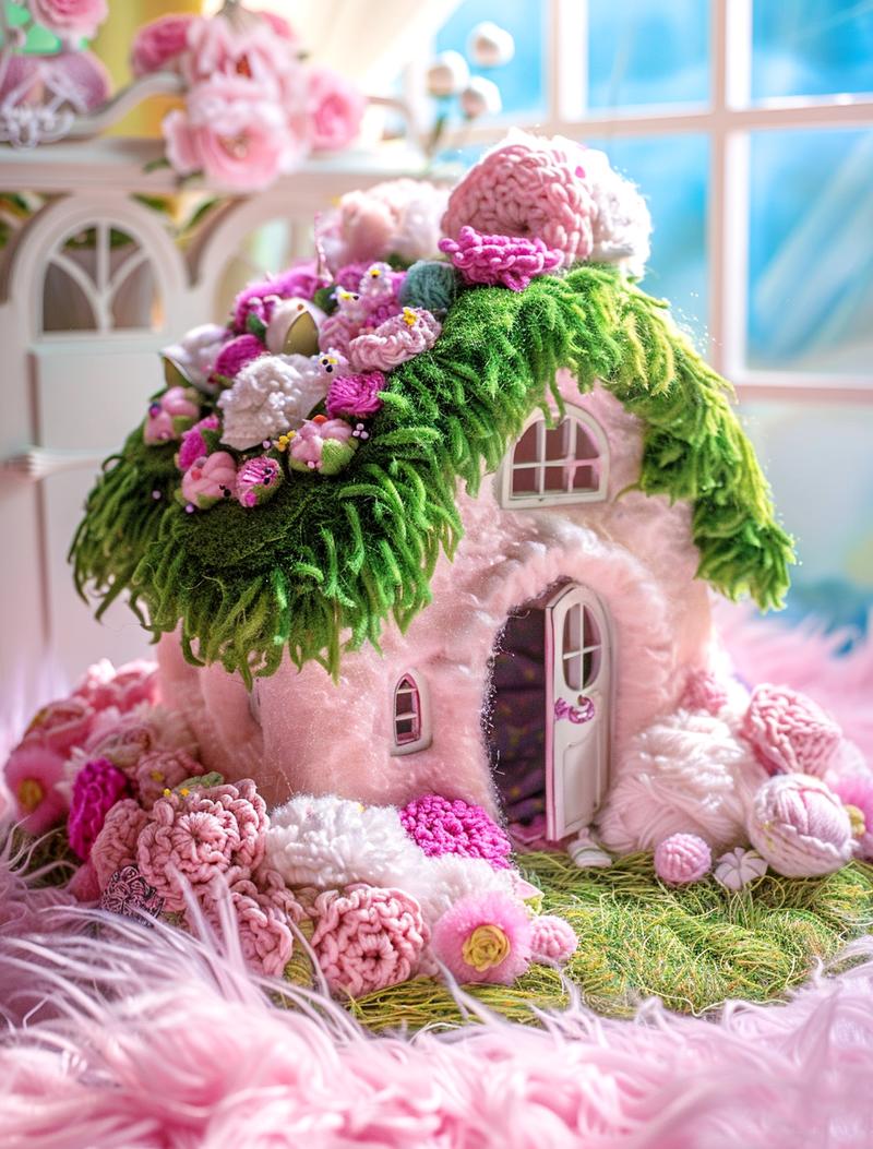 梦中的春天：绿色毛绒与童话装饰
屋顶绿意盎然生，
春天气息轻轻蔓延。
床饰画卷展青春，
温馨童话，