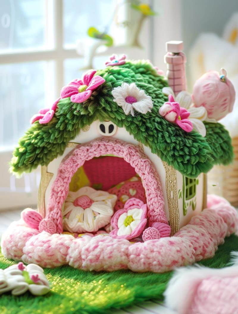 梦中的春天：绿色毛绒与童话装饰
屋顶绿意盎然生，
春天气息轻轻蔓延。
床饰画卷展青春，
温馨童话，