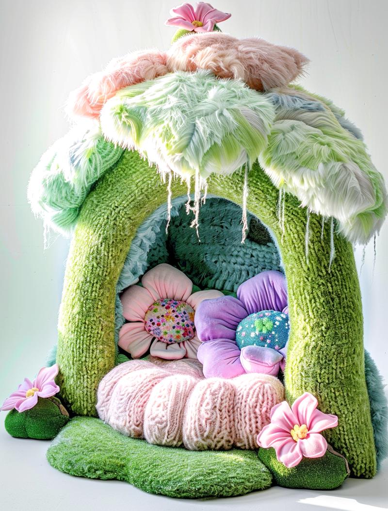 梦中的春天：绿色毛绒与童话装饰
屋顶绿意盎然生，
春天气息轻轻蔓延。
床饰画卷展青春，
温馨童话，