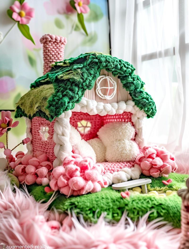 梦中的春天：绿色毛绒与童话装饰
屋顶绿意盎然生，
春天气息轻轻蔓延。
床饰画卷展青春，
温馨童话，