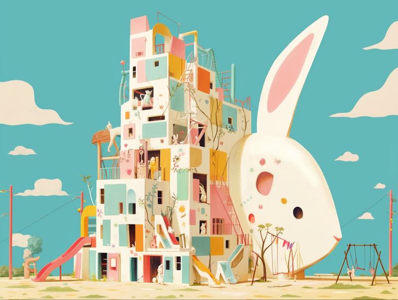 孩子们喜欢的梦幻城堡，马卡龙色，晶莹剔透，萌萌的儿童游乐园。Midjourney，咒语分享Whims