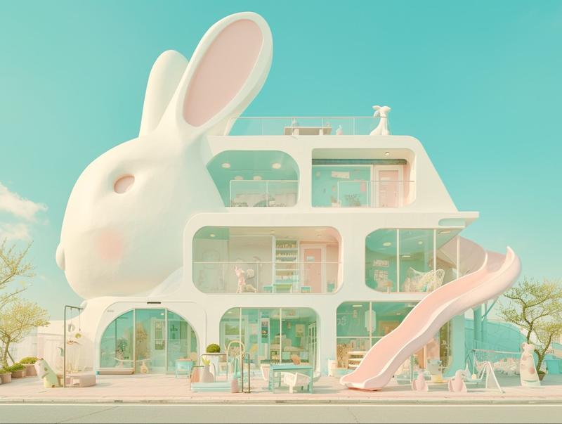 孩子们喜欢的梦幻城堡，马卡龙色，晶莹剔透，萌萌的儿童游乐园。Midjourney，咒语分享Whims