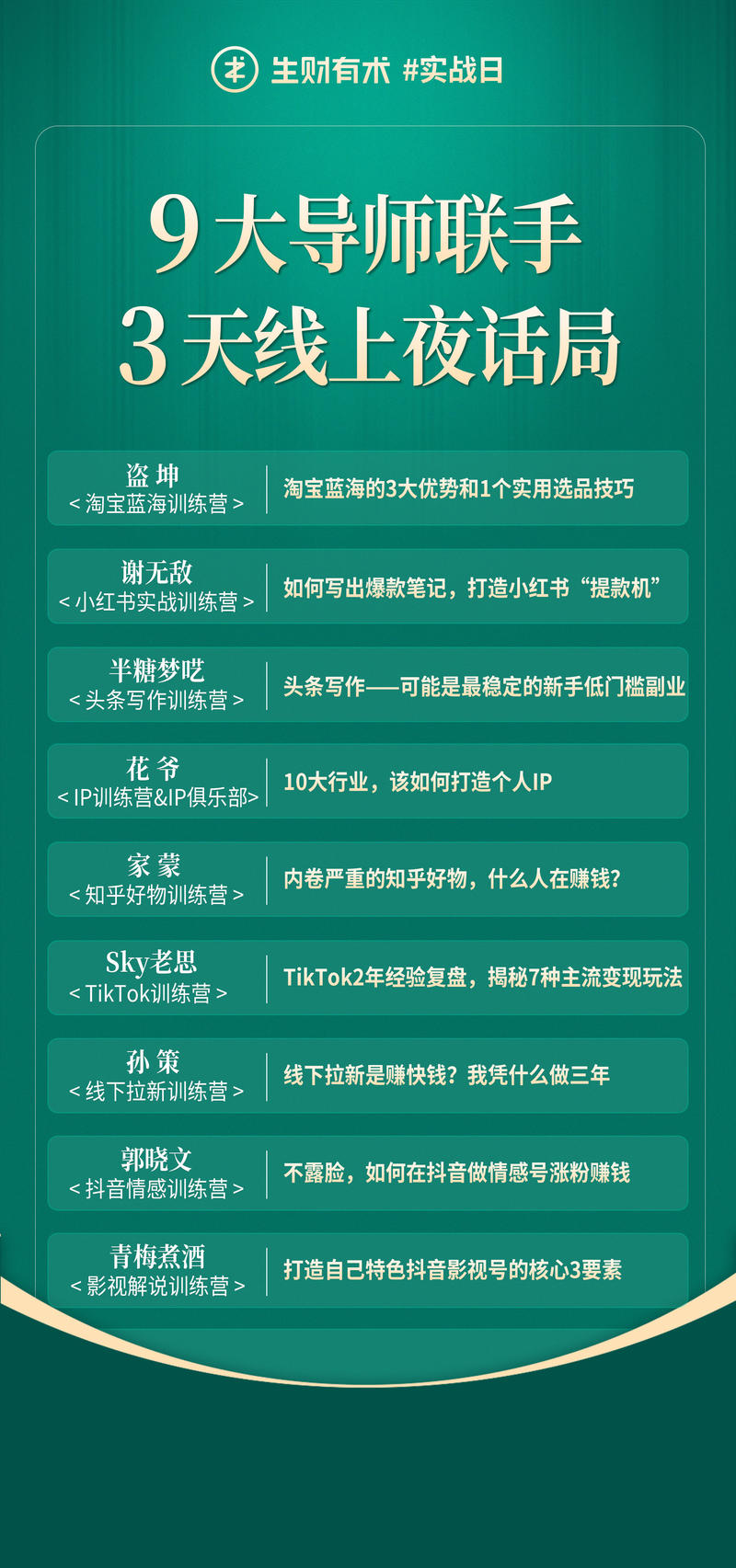 各位圈友晚上好，跟大家同步一下实战日的两件事。
一、明天（周六）晚上7、8点，连续 3 天的线上主